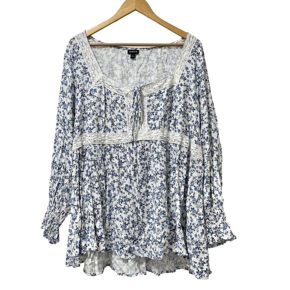 Torrid Micro Floral Babydoll Slub Lace Trim Top Size 3X Blue Milkmaid Prairie - Picture 1 of 8